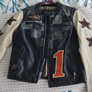 Harley-Davidson Black, Cream & Orange Vintage Racing Leather Jacket